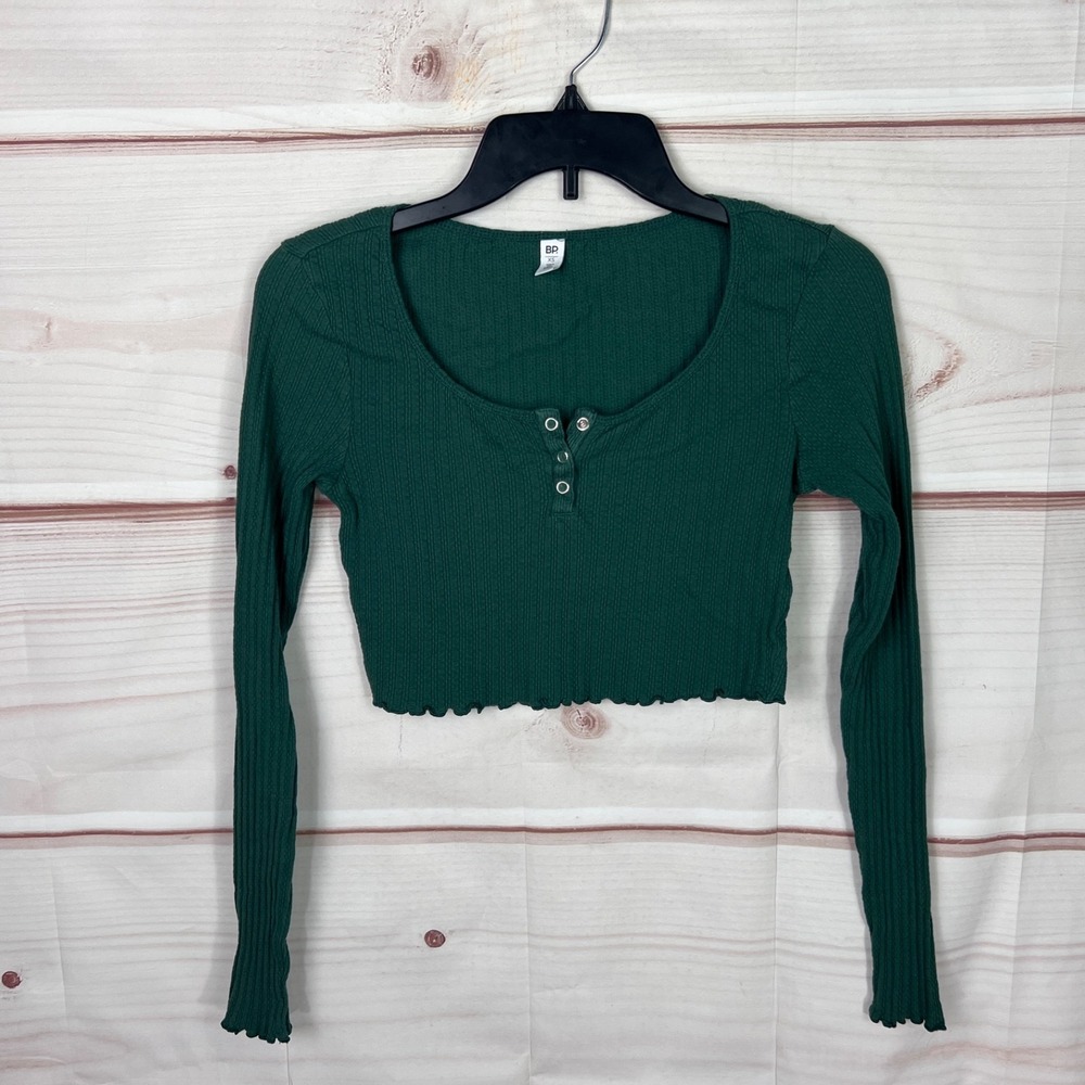 BP Top Women XS Green Pointelle Crop T-Shirt Henley Snap Long Sleeve Cotton Knit